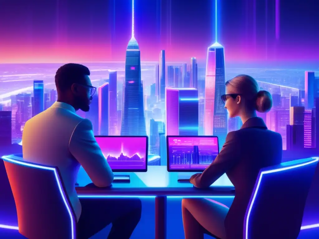 Ciudad futurista con expertos en criptomonedas Ciudad futurista con edificios modernos y luces de neón, profesionales analizando datos de inversiones cripto