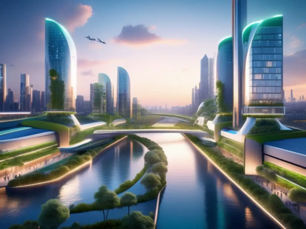 Ciudad futurista sostenible al anochecer Ciudad futurista con edificios sostenibles y tecnología verde - Bonos verdes para ciudades inteligentes