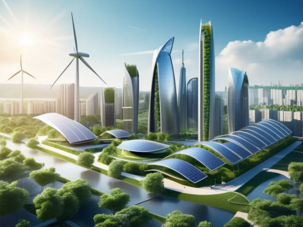 Ciudad futurista sostenible con energías renovables Ciudad futurista con edificios sostenibles y energías renovables