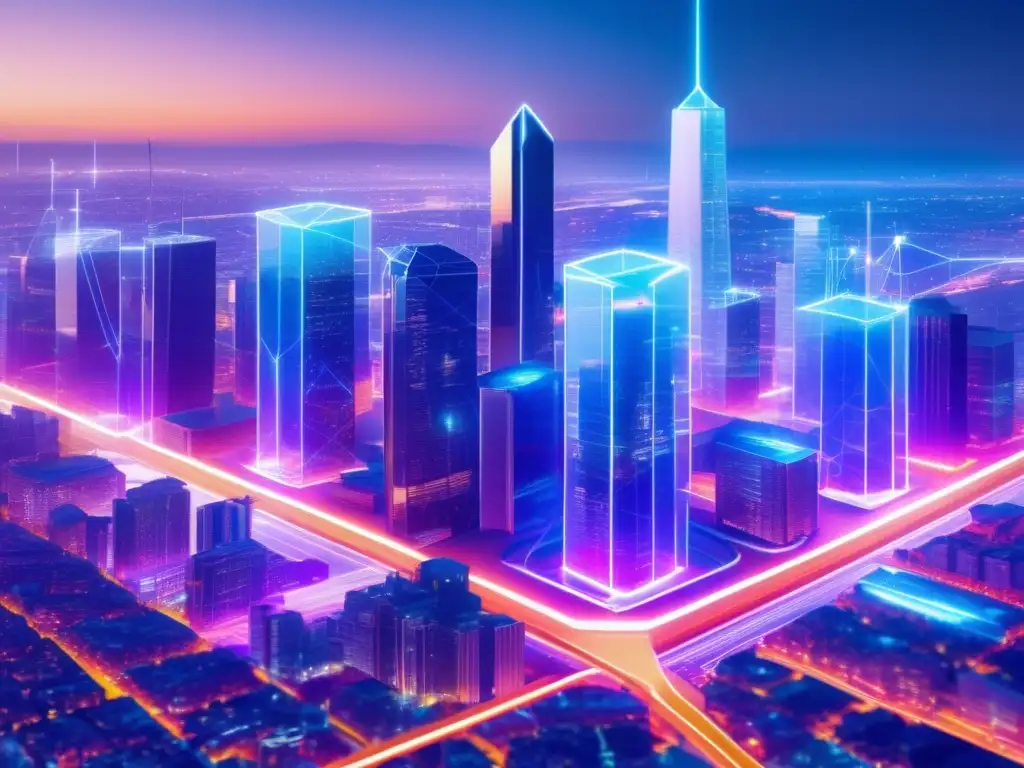 Futurista ciudad con blockchain y criptomonedas Ciudad futurista con edificios de vidrio transparente, drones y nodos blockchain, mostrando tendencias criptomonedas economía global
