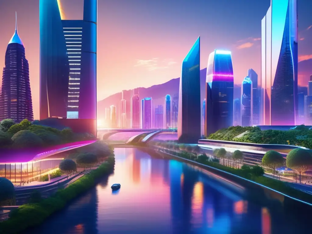 Futuro de la inversión inmobiliaria y blockchain Una ciudad futurista con edificios de vidrio y acero, rodeada de un río y con inversores en tecnología blockchain