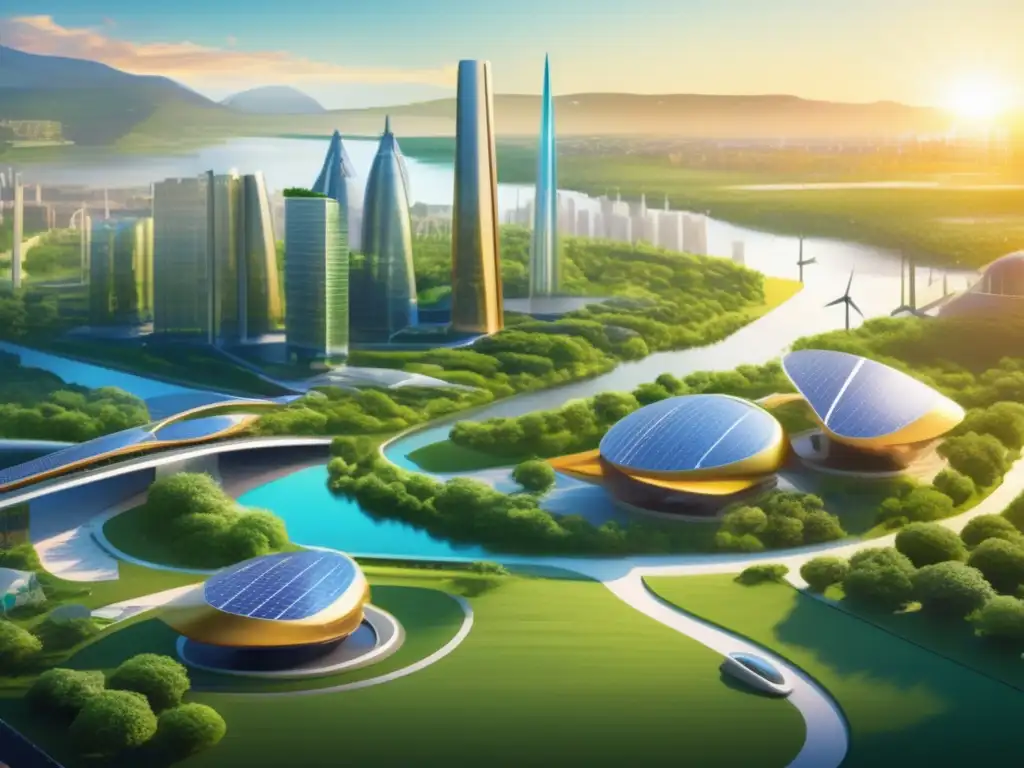 Futuro urbano sostenible con energías renovables Ciudad futurista con energía renovable integrada, inspira a principiantes en inversión renovable