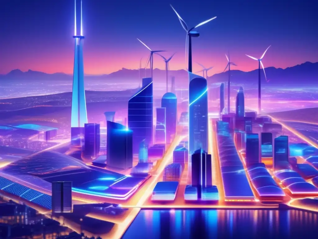 Futuro energético diversificado en una ciudad futurista Ciudad futurista con energías renovables y diversificación en inversiones en energía