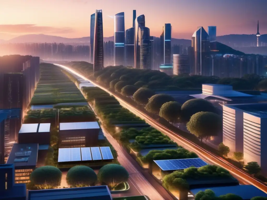 Ciudad futurista con energía renovable y naturaleza Ciudad futurista con energías renovables y fondos de inversión sostenibles