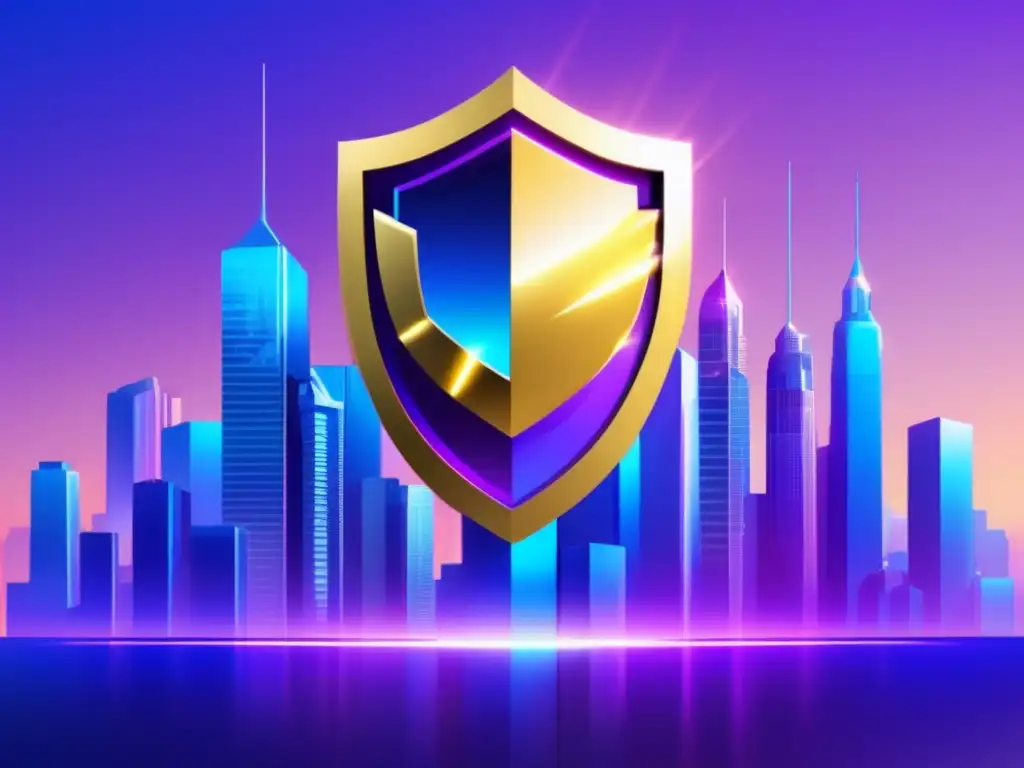 Ciudad futurista con escudo dorado Una ciudad futurista con un escudo dorado simbolizando protección y incertidumbre