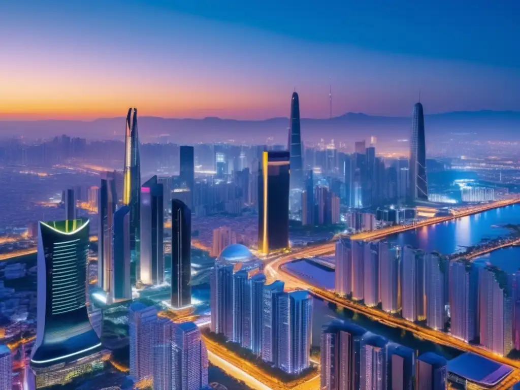 Ciudad futurista con rascacielos iluminados Ciudad futurista iluminada, simbolizando beneficios de invertir en bonos corporativos