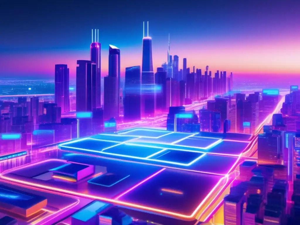 Ciudad futurista y vibrante en la blockchain Algorand Ciudad futurista iluminada por luces neón, simbolizando la capacidad de Algorand para transacciones financieras seguras y eficientes