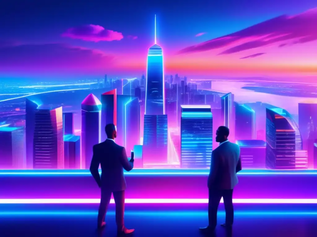 Futurista ciudad blockchain Ciudad futurista iluminada por luces de neón, muestra el potencial del blockchain para inversiones y contratos inteligentes