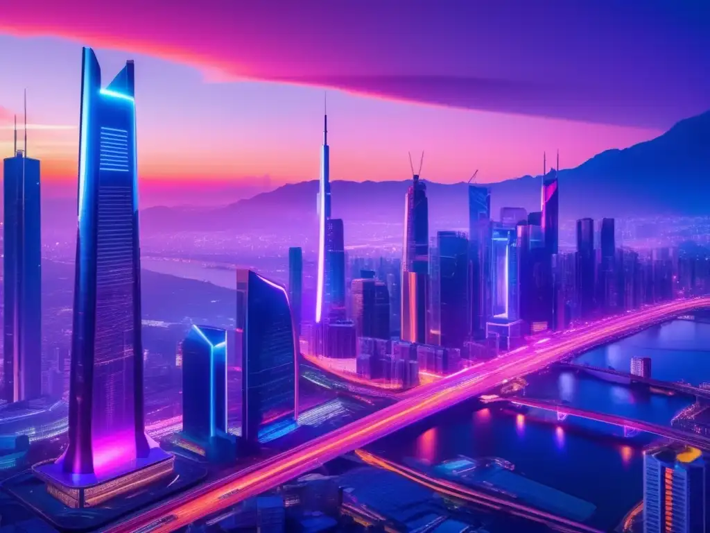 Futuro urbano: ciudad futurista iluminada por luces de neón Ciudad futurista iluminada por luces de neón, reflejando la innovación de las Innovaciones Fintech para mejorar la experiencia financiera