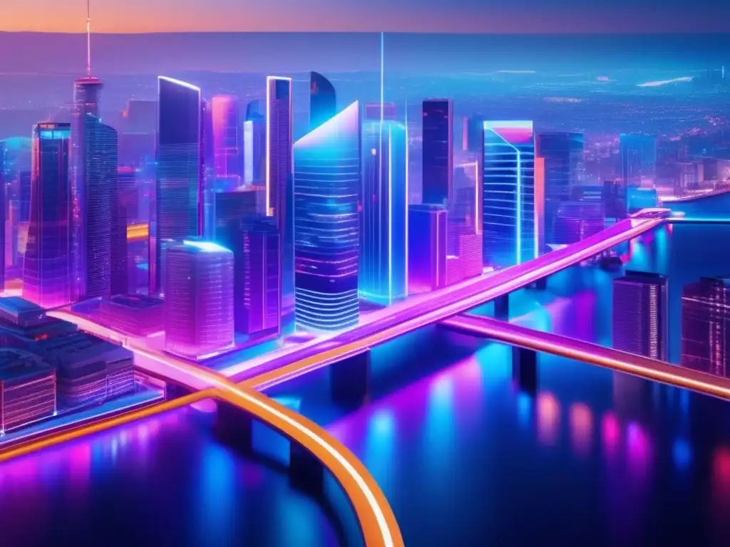 Futurista ciudad iluminada con tecnología Fintech Ciudad futurista iluminada por luces de neón con influencia de redes sociales y tecnología fintech