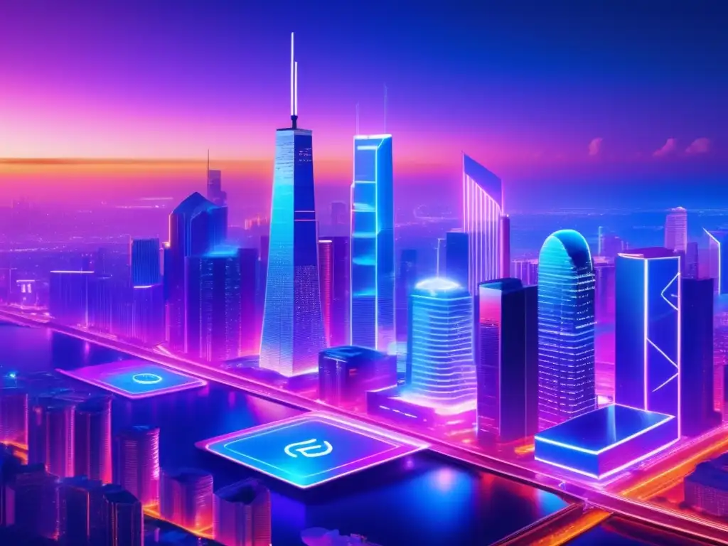 Futuro de las criptomonedas en ciudad futurista Una ciudad futurista iluminada por luces de neón muestra el futuro de las criptomonedas más allá de Bitcoin