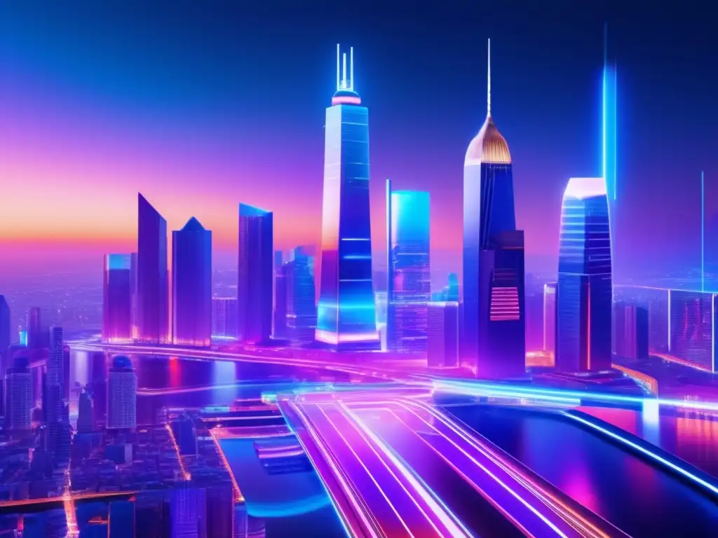 Futuro financiero: ciudad digital y datos Ciudad futurista iluminada por luces neon, fusionando tecnología y finanzas - Oportunidades inversión financiera Big Data