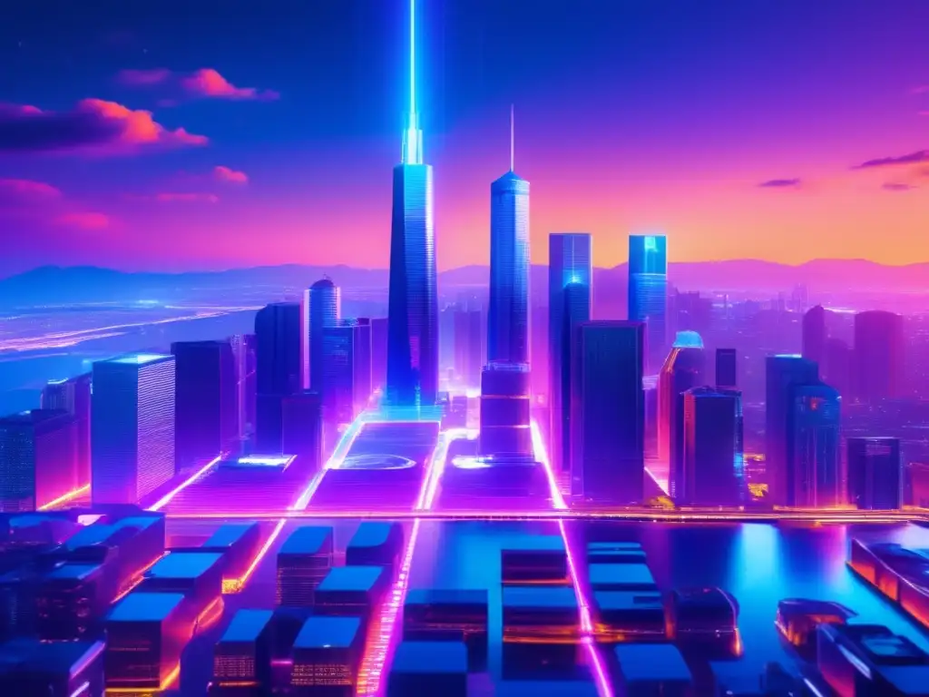 Ciudad futurista iluminada por luces neón Ciudad futurista iluminada por luces de neón, reflejando la evolución de las criptomonedas