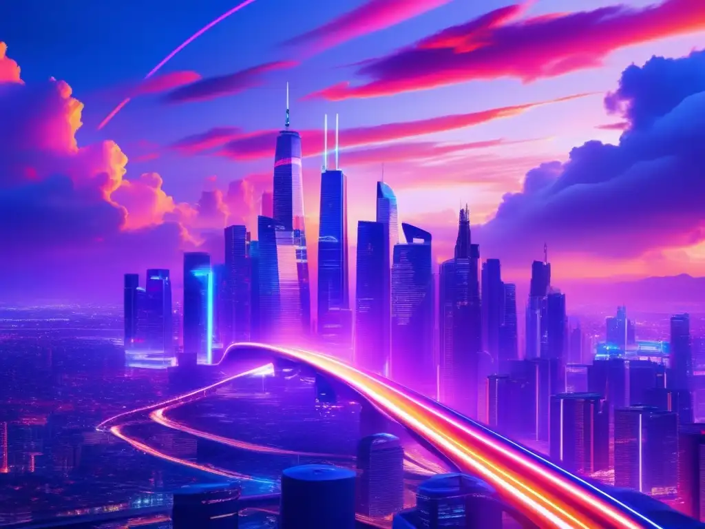 Ciudad futurista con rascacielos iluminados Ciudad futurista iluminada por luces de neón