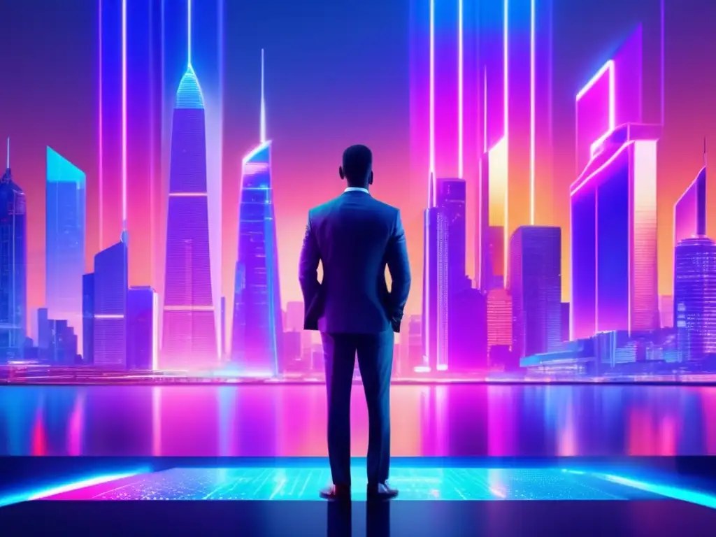 Futuro financiero: Tecnología y datos proyectados Ciudad futurista iluminada por luces de neón, con edificios altos y un hombre de negocios analizando modelos predictivos de riesgos financieros