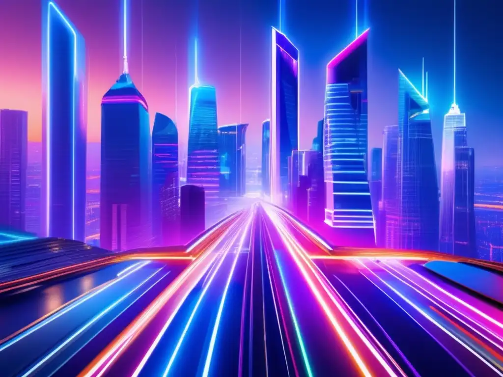 Ciudad futurista iluminada por luces de neón Ciudad futurista iluminada por neones, reflejando la actividad y dinamismo de la industria tecnológica