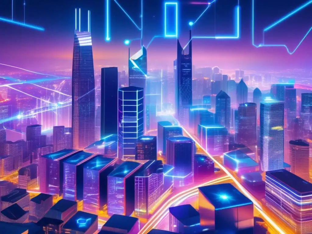 Ciudad futurista iluminada por símbolos de blockchain Ciudad futurista iluminada por símbolos y líneas blockchain, con hologramas y personas con overlays blockchain