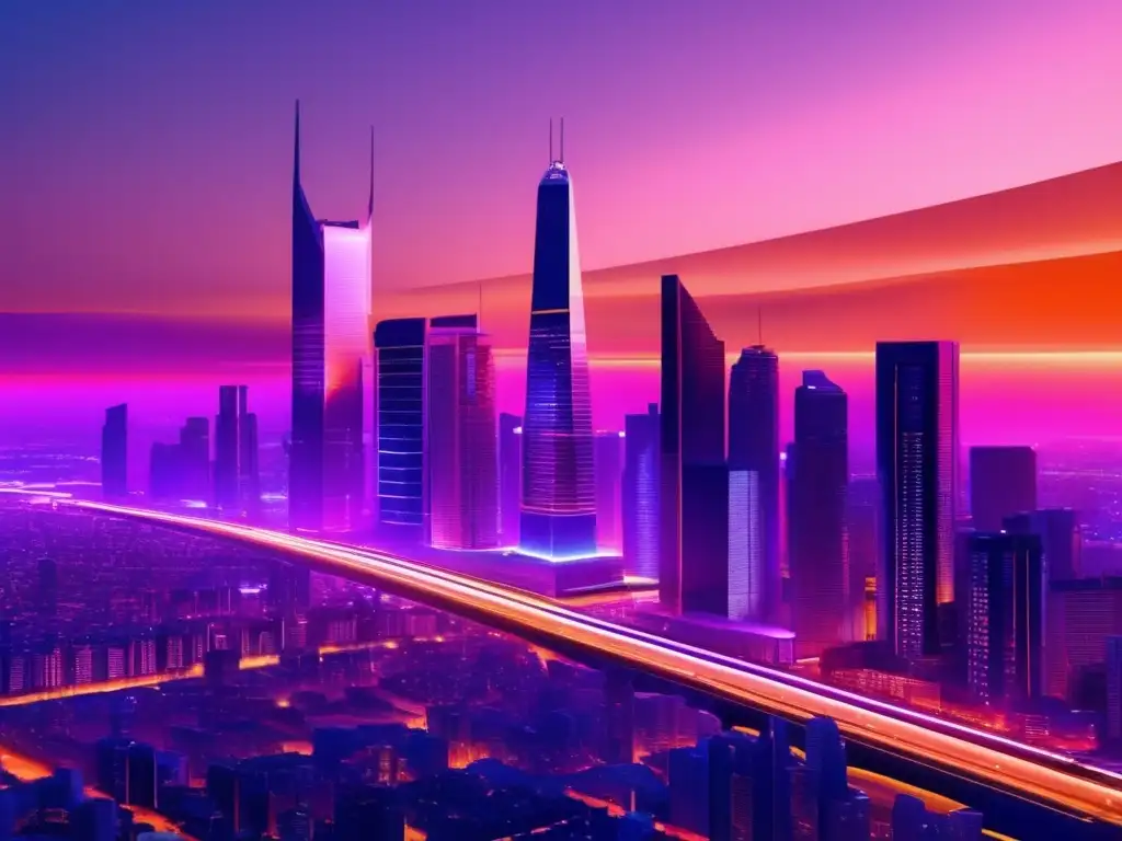 Ciudad futurista con rascacielos y luces de la calle Ciudad futurista al anochecer: Impacto crisis política inversiones