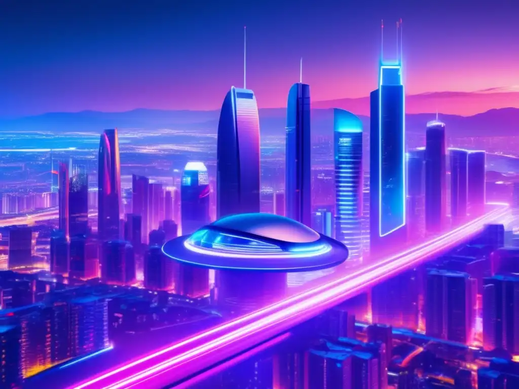 Ciudad futurista iluminada por luces de neón Ciudad futurista con IA combatiendo lavado de dinero