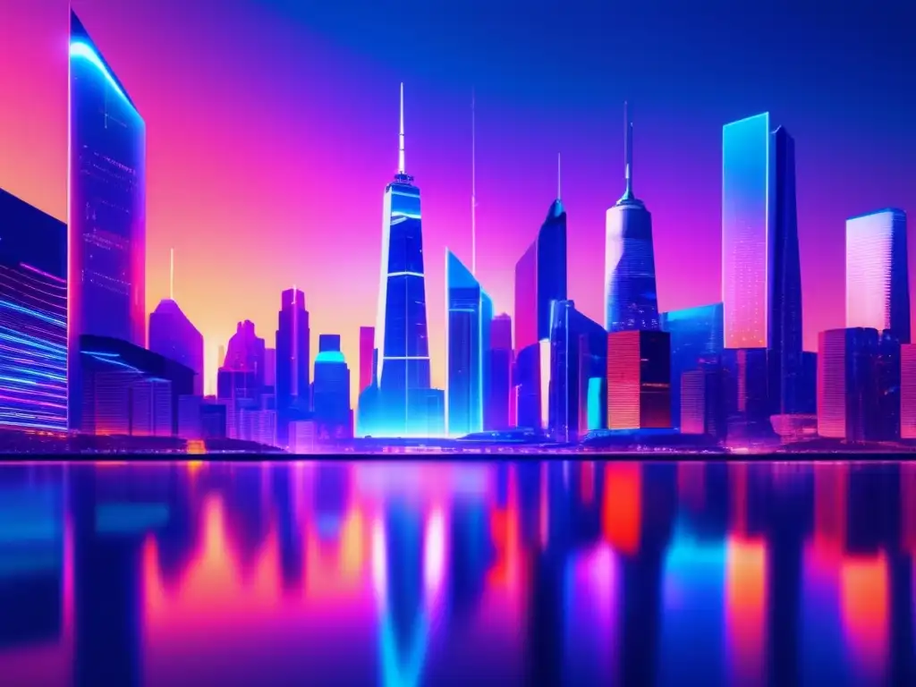 Futurista ciudad nocturna con luces de neón y gráficos financieros Ciudad futurista al anochecer con luces de neón y rascacielos reflejados en un río