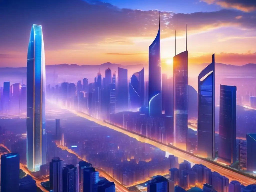Futuroso y próspero paisaje urbano Ciudad futurista en mercados emergentes: crecimiento, prosperidad y rentabilidad