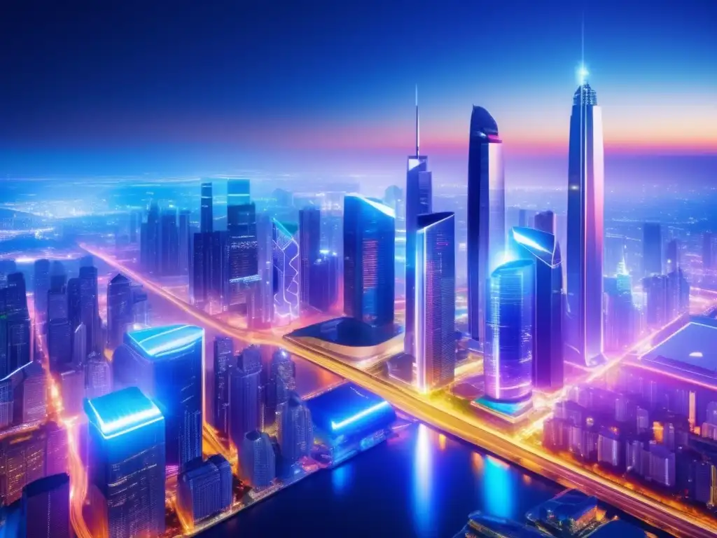 Ciudad futurista nocturna con rascacielos y luces LED Ciudad futurista de noche con rascacielos y luces LED, simbolizando la innovación y la integración tecnológica en inversiones