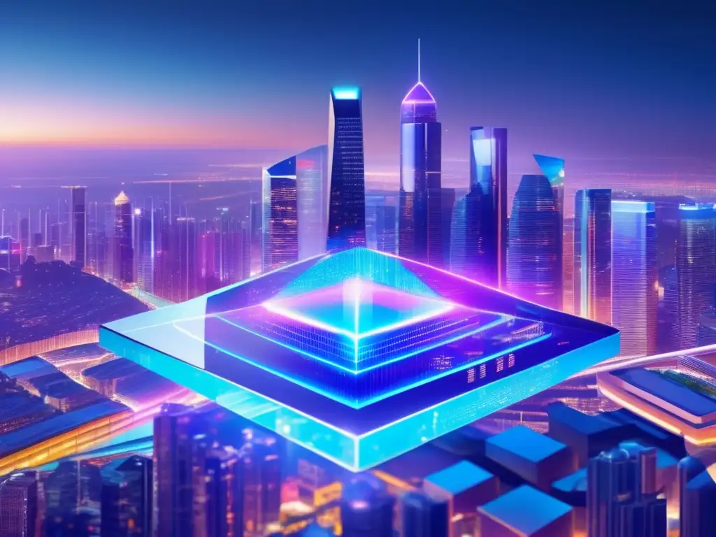 Ciudad futurista protegida por tecnología Ciudad futurista de noche con rascacielos iluminados y ciberseguridad en inversiones financieras