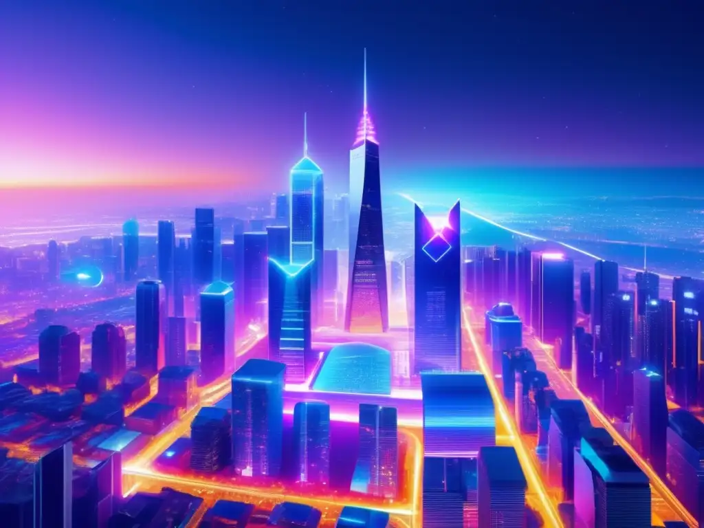 Ciudad futurista nocturna con rascacielos luminosos Ciudad futurista de noche, con rascacielos elegantes, tecnologías AI avanzadas y símbolos de blockchain