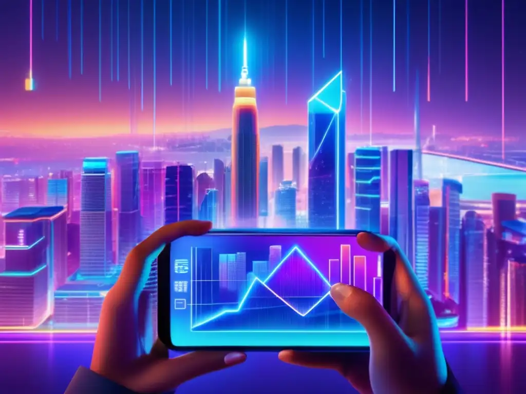 Futurista ciudad nocturna con rascacielos iluminados por luces de neón Ciudad futurista de noche con rascacielos iluminados por luces neón, actividad financiera y transacciones seguras de criptomonedas