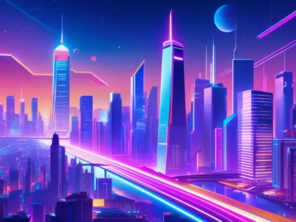 Futuro vibrante: Ciudad nocturna de rascacielos iluminados Ciudad futurista de noche con rascacielos iluminados por luces de neón