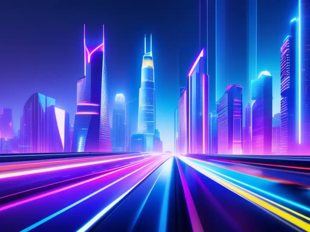Ciudad futurista iluminada por luces neón Ciudad futurista de noche con rascacielos iluminados por luces de neón
