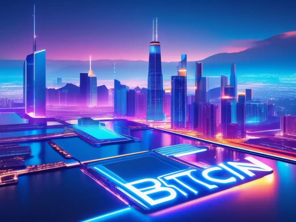 Futuro metrópolis nocturna con Bitcoin Ciudad futurista nocturna: Bitcoin, impacto en finanzas