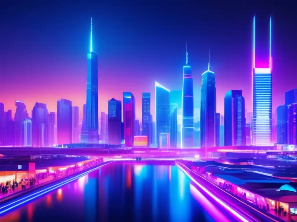 Ciudad futurista iluminada con neon Ciudad futurista nocturna con luces neón reflejadas en rascacielos de cristal y personas realizando transacciones digitales