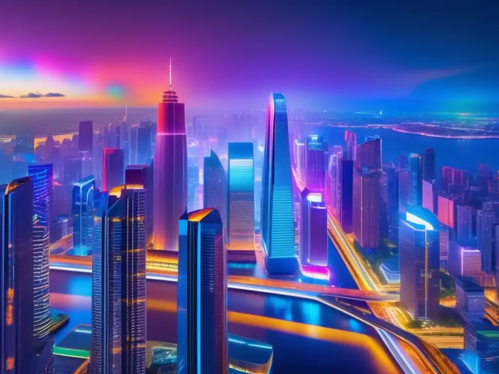 Futurista ciudad nocturna con rascacielos iluminados Ciudad futurista nocturna: rascacielos iluminados con luces vibrantes y diseños modernos, reflejando un espectáculo visual fascinante