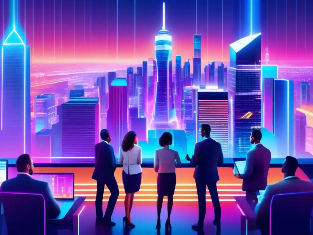 Ciudad futurista nocturna con rascacielos iluminados por luces de neón Ciudad futurista nocturna con rascacielos, luces neón y profesionales analizando gráficos - Impacto cambios política fiscal inversiones