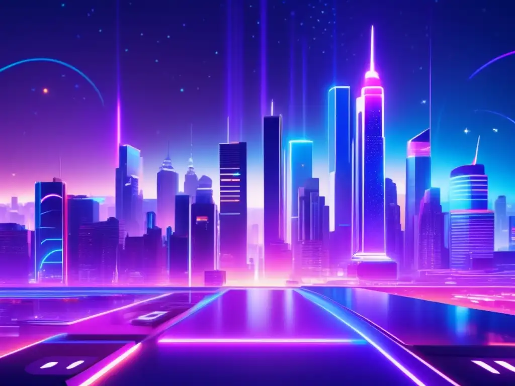Futurista metrópolis nocturna con tecnología avanzada Ciudad futurista nocturna con rascacielos, luces neón, hologramas y vehículos futuristas