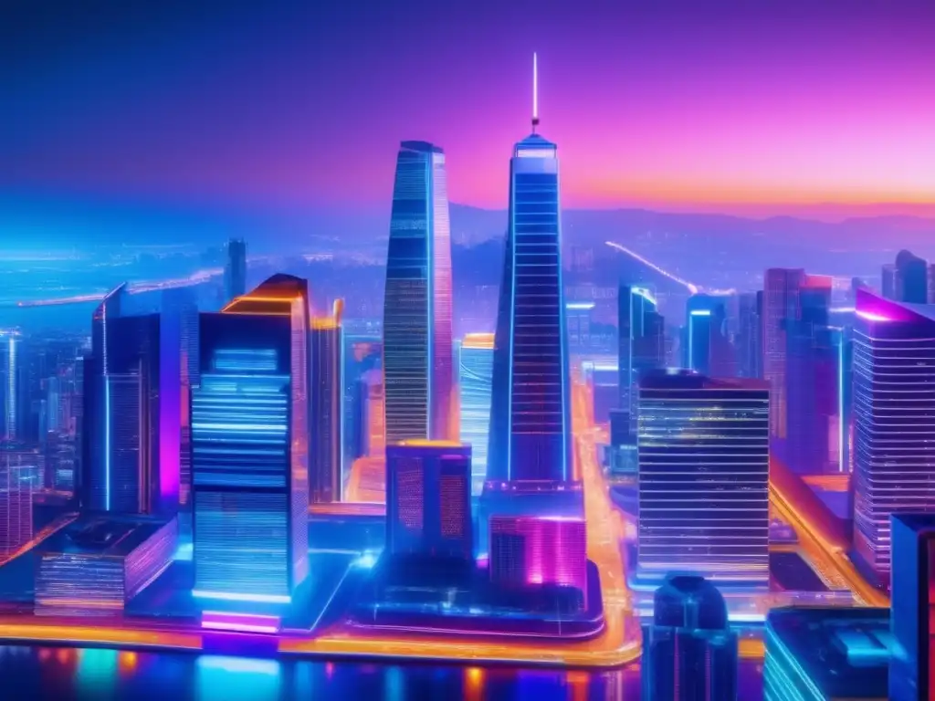 Ciudad futurista nocturna con rascacielos brillantes Ciudad futurista nocturna con rascacielos brillantes y vibrantes luces de neón