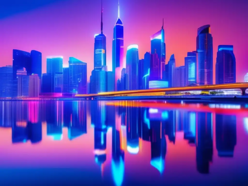 Ciudad futurista iluminada por luces de neón Ciudad futurista nocturna con rascacielos iluminados por luces neón, reflejados en el río