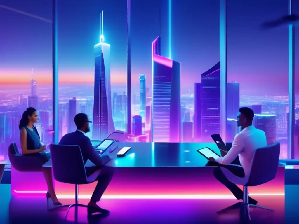 Ciudad futurista: inversión y tecnología Ciudad futurista nocturna con rascacielos iluminados por luces de neón