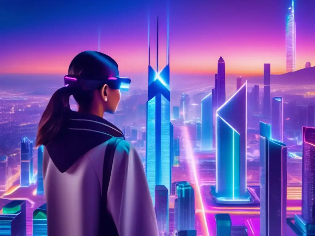 Ciudad futurista nocturna con rascacielos iluminados por luces de neón, proyecciones holográficas de tecnología blockchain y actividad frenética
