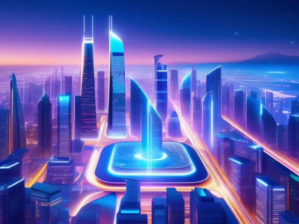 Ciudad futurista con tecnología avanzada Ciudad futurista nocturna con rascacielos, calles iluminadas y tecnología avanzada