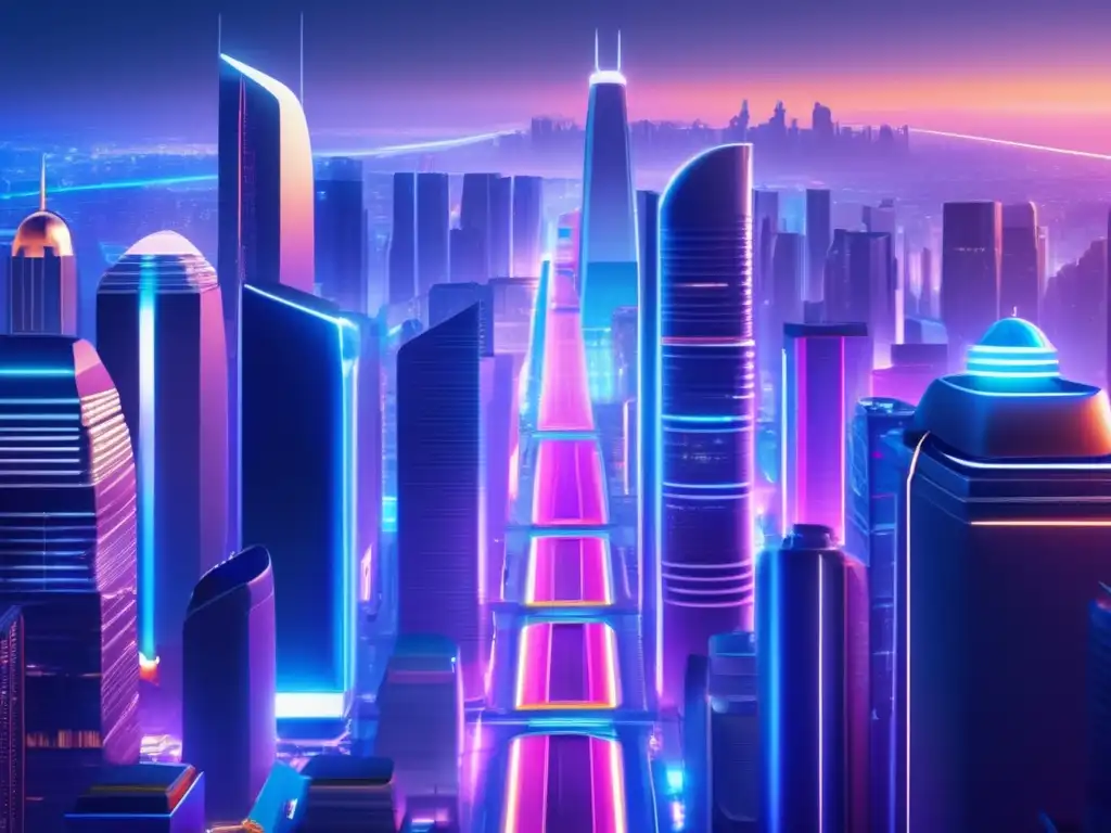 Futurista ciudad nocturna con rascacielos iluminados Ciudad futurista nocturna con rascacielos iluminados por luces de neón