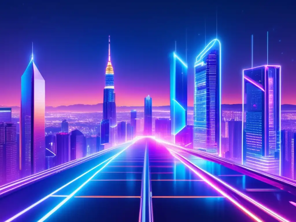 Ciudad futurista con rascacielos de vidrio y luces de neón Ciudad futurista nocturna con rascacielos de vidrio y acero, iluminada por luces de neón vibrantes
