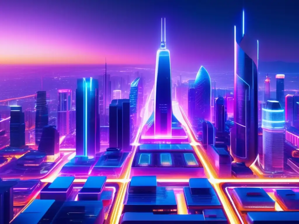 Futurista ciudad nocturna con rascacielos iluminados Ciudad futurista nocturna: rascacielos, luces neón, transporte avanzado, estrategias de staking