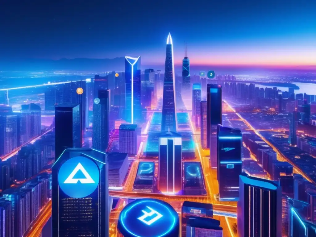 Una ciudad futurista nocturna con rascacielos modernos y criptomonedas Ciudad futurista nocturna con rascacielos modernos y señales iluminadas de criptomonedas, reflejando los beneficios del staking en criptomonedas
