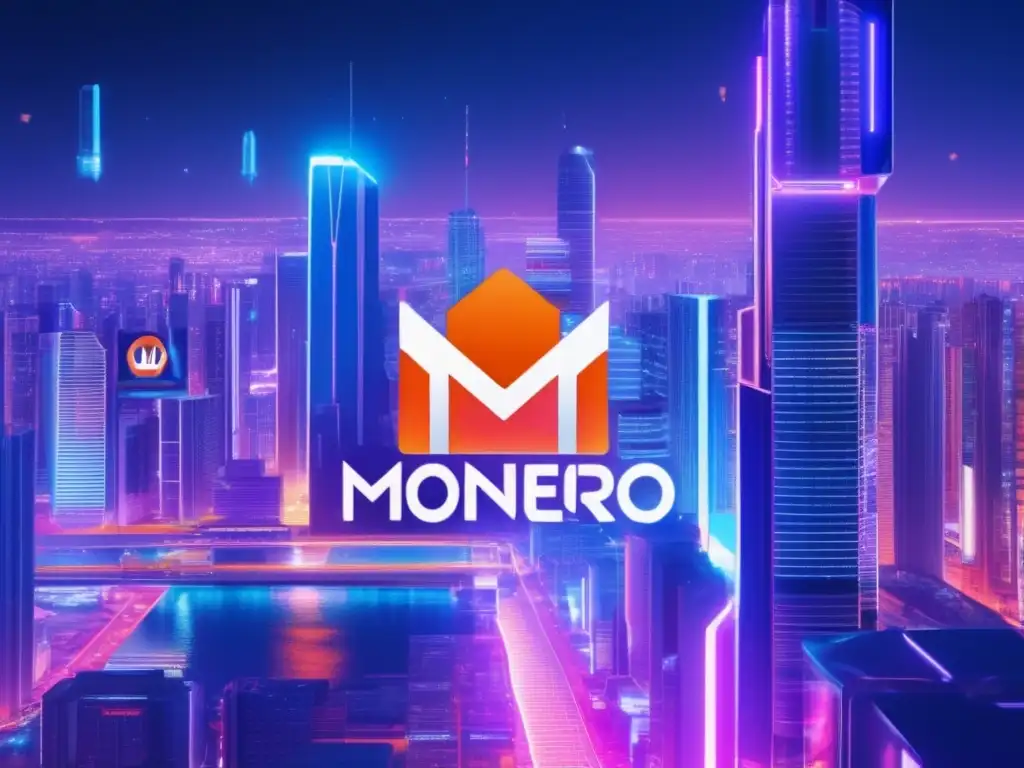 Ciudad futurista con rascacielos iluminados y adopción de Monero Ciudad futurista nocturna con rascacielos iluminados por luces de neón, adoptando Monero en diferentes industrias