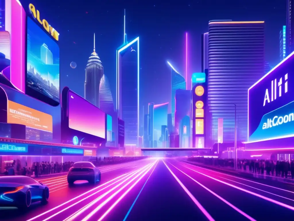Ciudad futurista vibrante con altcoins Ciudad futurista nocturna con rascacielos iluminados y altcoins: Beneficios de invertir en Altcoins en la industria del entretenimiento
