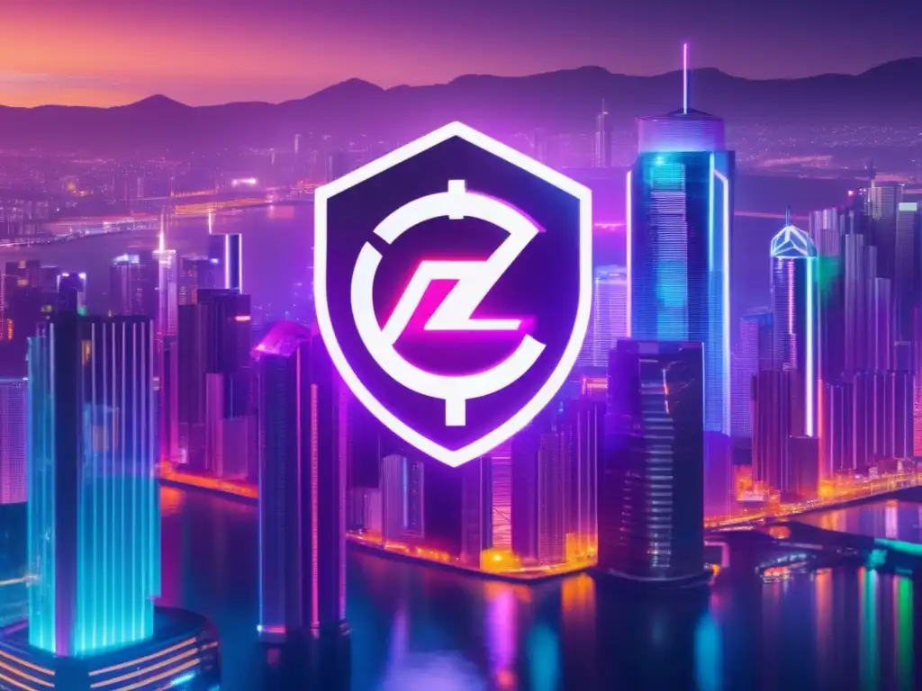 Futurista ciudad nocturna con rascacielos brillantes y logo de Zcash Ciudad futurista nocturna con rascacielos y luces neón