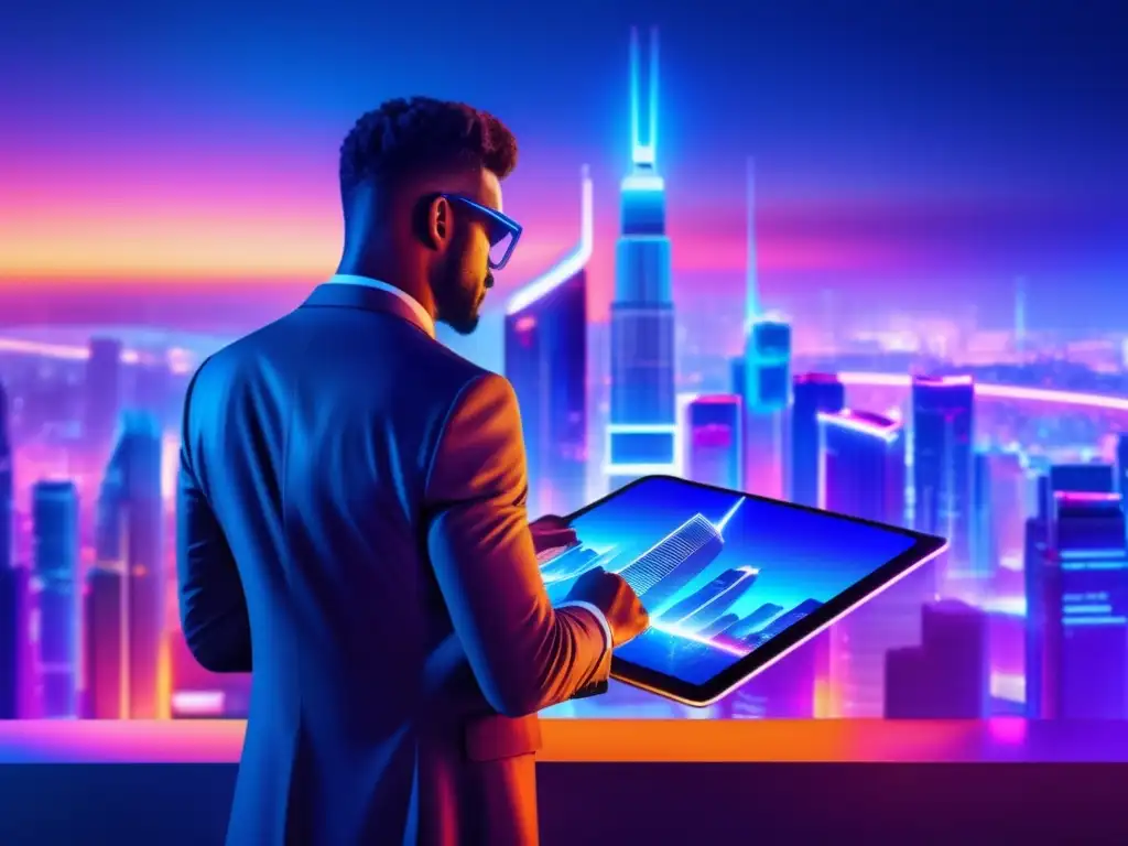 Futurista ciudad nocturna con rascacielos y hombre de negocios Ciudad futurista nocturna con rascacielos brillantes y arquitectura moderna