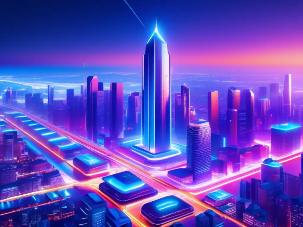 Un mundo digital seguro y privado con tecnología avanzada Ciudad futurista nocturna con tecnología avanzada y privacidad: Monero, criptomoneda privada